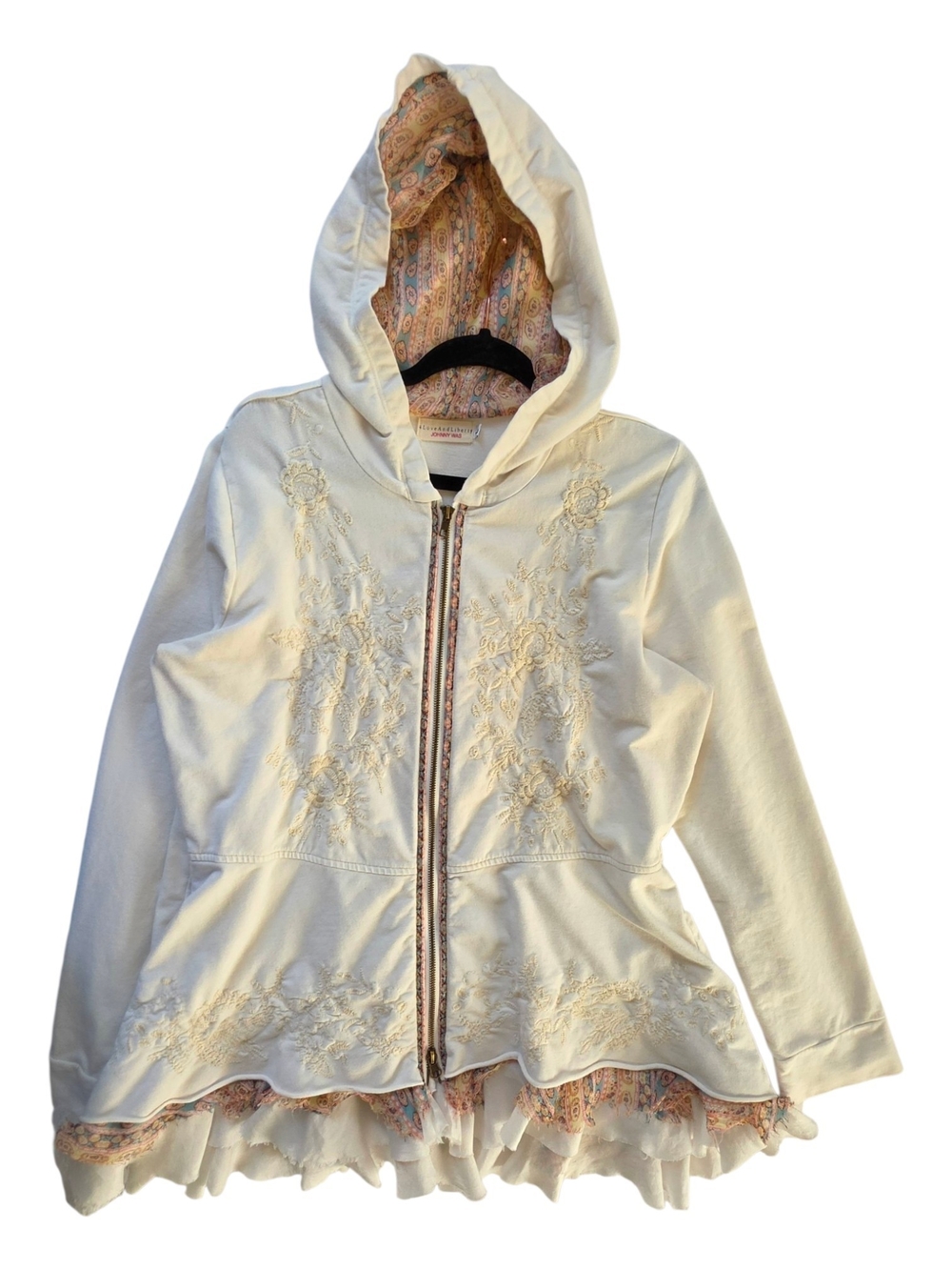 Johnny Was Cream Embroidered Hooded Zip Jacket with Paisley Lining
